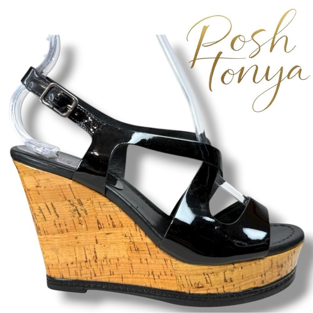 Donald J Pliner Camdyn Black Patent Leather Cork Wedge Sandals Womens Size 6